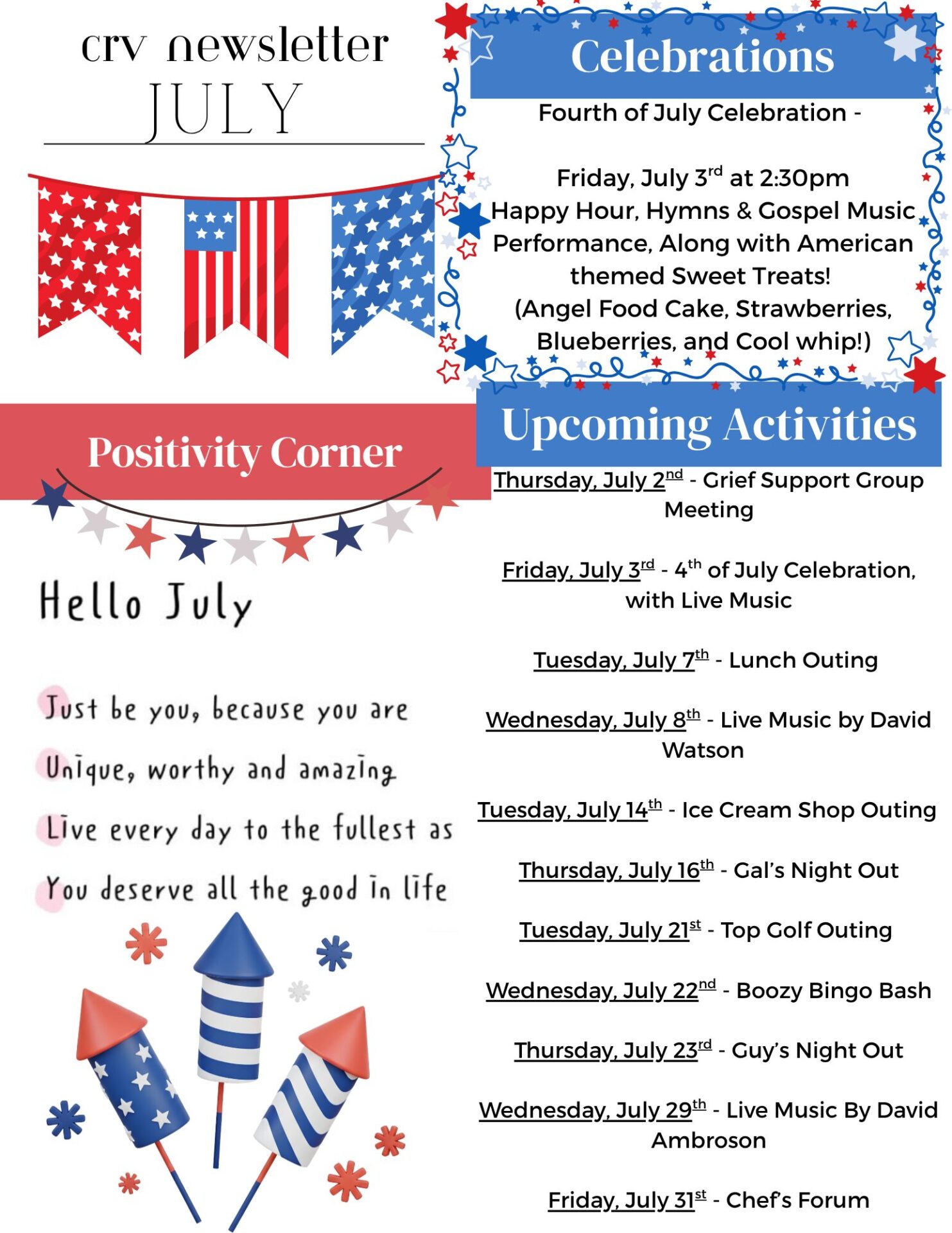 Cedar Ridge Village July newsletter featuring community celebrations and upcoming activities.